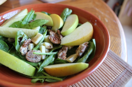 Spinach, sage cheddar cheese, sliced apples, spiced nuts, olive oil + balsamic vinegar.